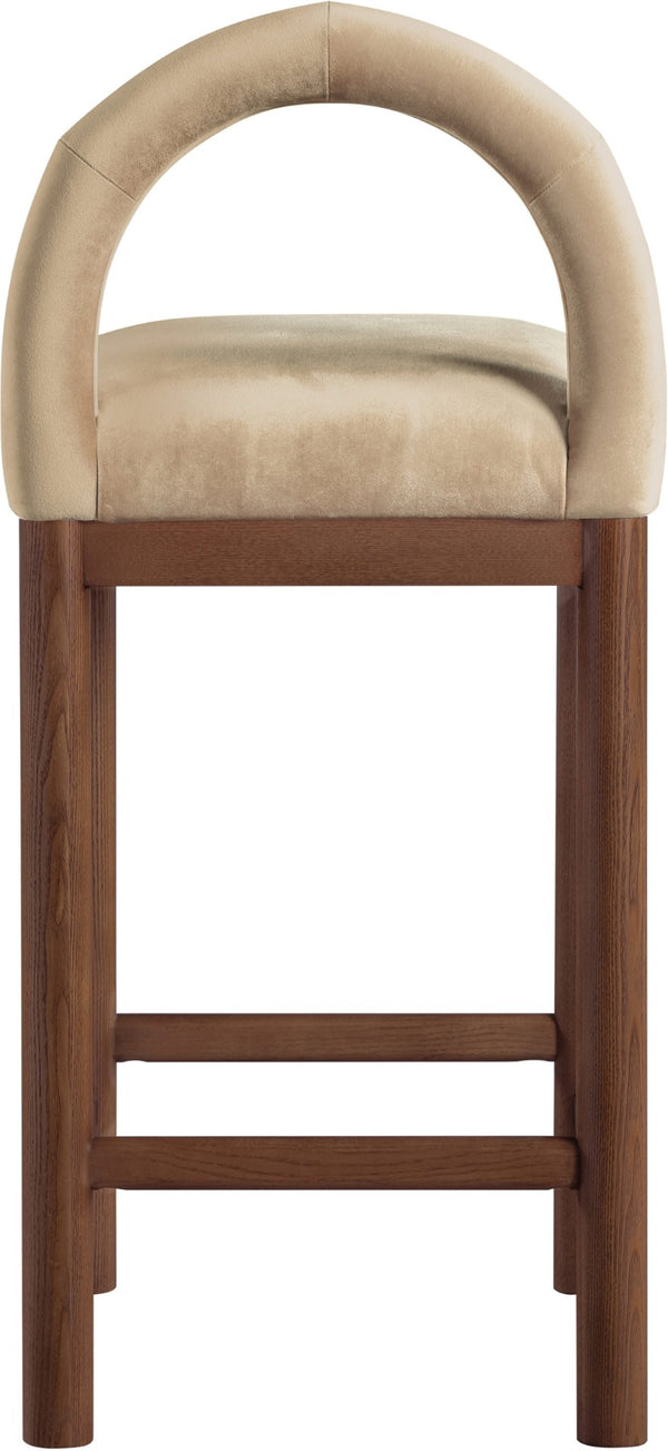 Meridian Furniture Conrad Sculptural Velvet Counter Stool with Walnut Legs for Kitchen or Home Bar 11036Beige-C