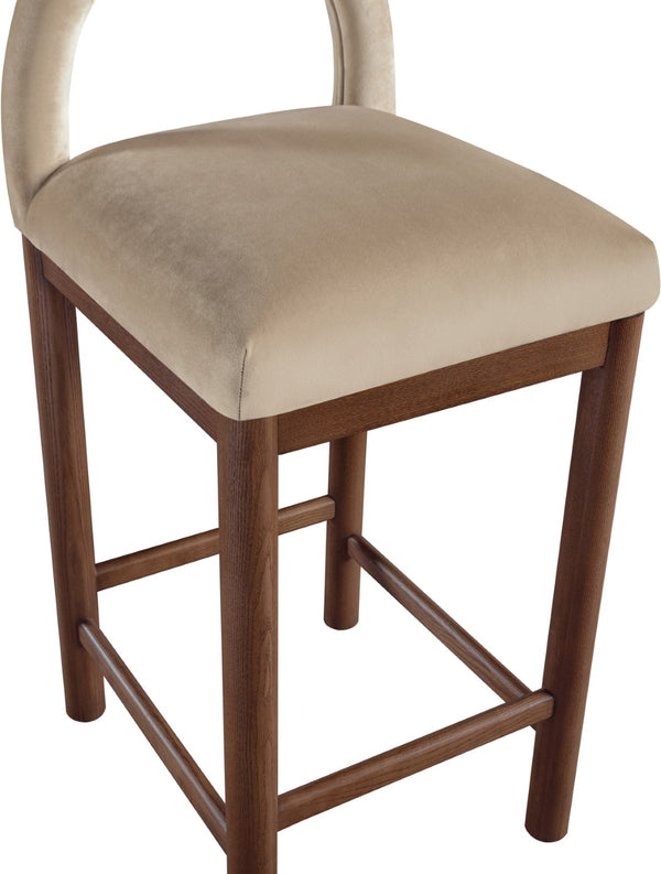 Meridian Furniture Conrad Sculptural Velvet Counter Stool with Walnut Legs for Kitchen or Home Bar 11036Beige-C