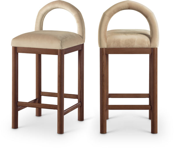 Meridian Furniture Conrad Sculptural Velvet Counter Stool with Walnut Legs for Kitchen or Home Bar 11036Beige-C