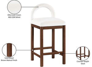 Meridian Furniture Conrad Velvet Upholstered Counter Stool with Arched Back and Walnut Wood Base 11036Cream-C