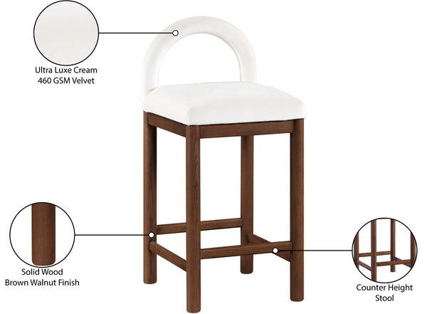 Meridian Furniture Conrad Velvet Upholstered Counter Stool with Arched Back and Walnut Wood Base 11036Cream-C
