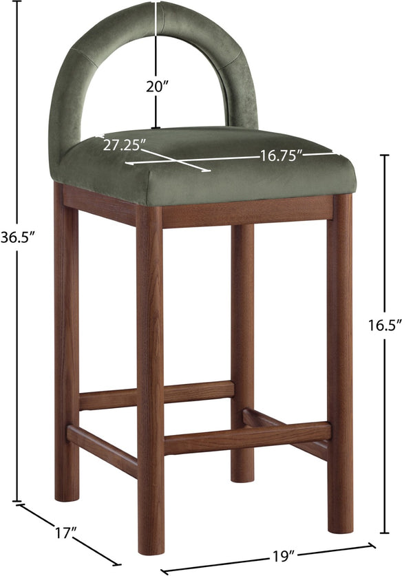 Meridian Furniture Conrad Sculpted Arched Back Velvet Counter Stool with Warm Walnut Finish Legs 11036Green-C