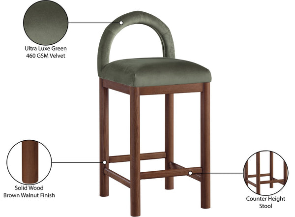 Meridian Furniture Conrad Sculpted Arched Back Velvet Counter Stool with Warm Walnut Finish Legs 11036Green-C