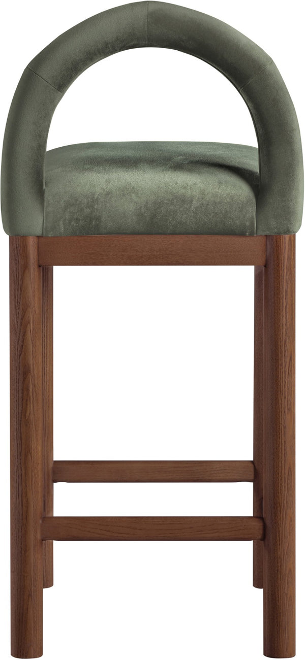 Meridian Furniture Conrad Sculpted Arched Back Velvet Counter Stool with Warm Walnut Finish Legs 11036Green-C