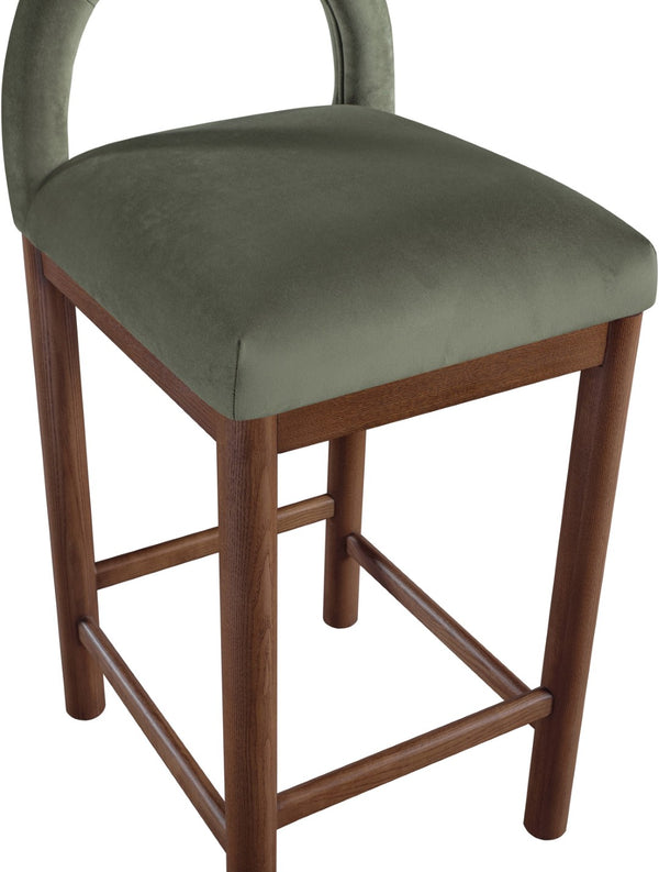 Meridian Furniture Conrad Sculpted Arched Back Velvet Counter Stool with Warm Walnut Finish Legs 11036Green-C