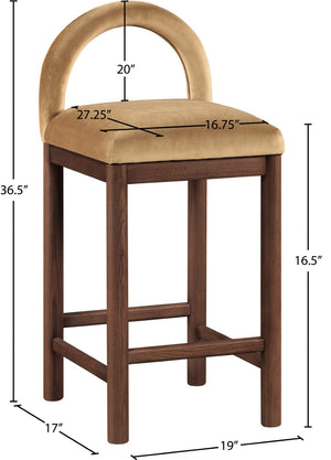 Meridian Furniture Conrad Velvet Counter Stool with Arched Back and Walnut Legs for Kitchen Islands 11036Saddle-C