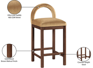 Meridian Furniture Conrad Velvet Counter Stool with Arched Back and Walnut Legs for Kitchen Islands 11036Saddle-C