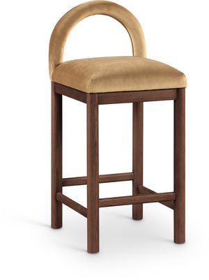 Meridian Furniture Conrad Velvet Counter Stool with Arched Back and Walnut Legs for Kitchen Islands 11036Saddle-C