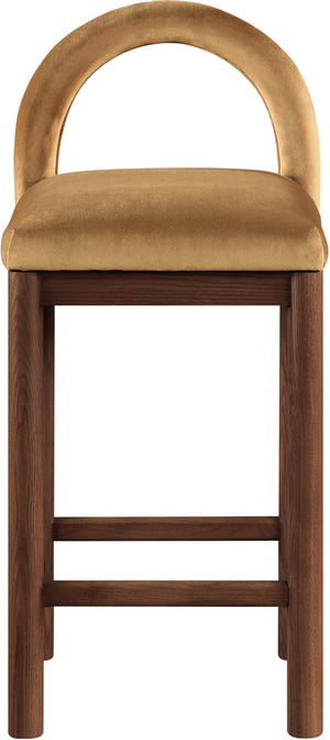 Meridian Furniture Conrad Velvet Counter Stool with Arched Back and Walnut Legs for Kitchen Islands 11036Saddle-C