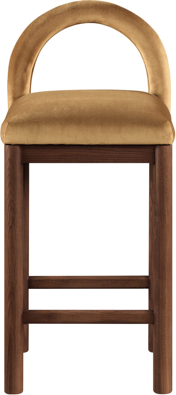 Meridian Furniture Conrad Velvet Counter Stool with Arched Back and Walnut Legs for Kitchen Islands 11036Saddle-C