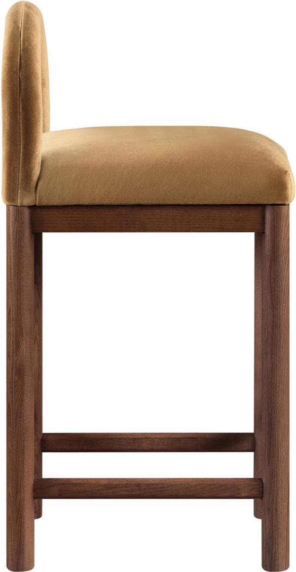 Meridian Furniture Conrad Velvet Counter Stool with Arched Back and Walnut Legs for Kitchen Islands 11036Saddle-C