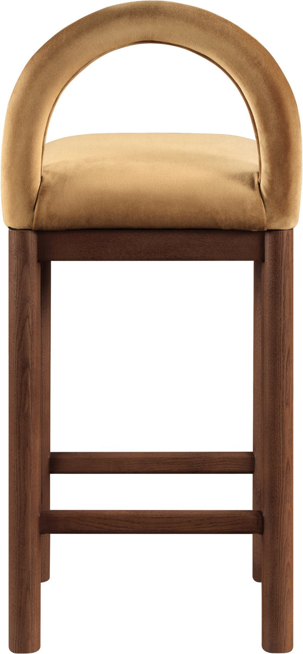 Meridian Furniture Conrad Velvet Counter Stool with Arched Back and Walnut Legs for Kitchen Islands 11036Saddle-C
