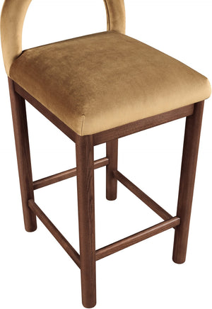 Meridian Furniture Conrad Velvet Counter Stool with Arched Back and Walnut Legs for Kitchen Islands 11036Saddle-C