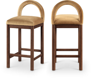 Meridian Furniture Conrad Velvet Counter Stool with Arched Back and Walnut Legs for Kitchen Islands 11036Saddle-C
