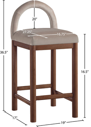 Meridian Furniture Conrad Sculptural Velvet Counter Stool with Walnut Legs for Kitchen Island Seating 11036Taupe-C