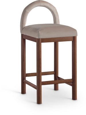 Meridian Furniture Conrad Sculptural Velvet Counter Stool with Walnut Legs for Kitchen Island Seating 11036Taupe-C