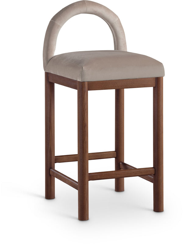 Meridian Furniture Conrad Sculptural Velvet Counter Stool with Walnut Legs for Kitchen Island Seating 11036Taupe-C