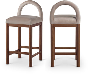Meridian Furniture Conrad Sculptural Velvet Counter Stool with Walnut Legs for Kitchen Island Seating 11036Taupe-C