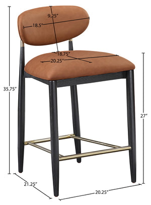 Meridian Furniture Riccio Cognac Vegan Leather Counter Stool with Brass Hardware and Ash Wood Frame 11037Cognac-C