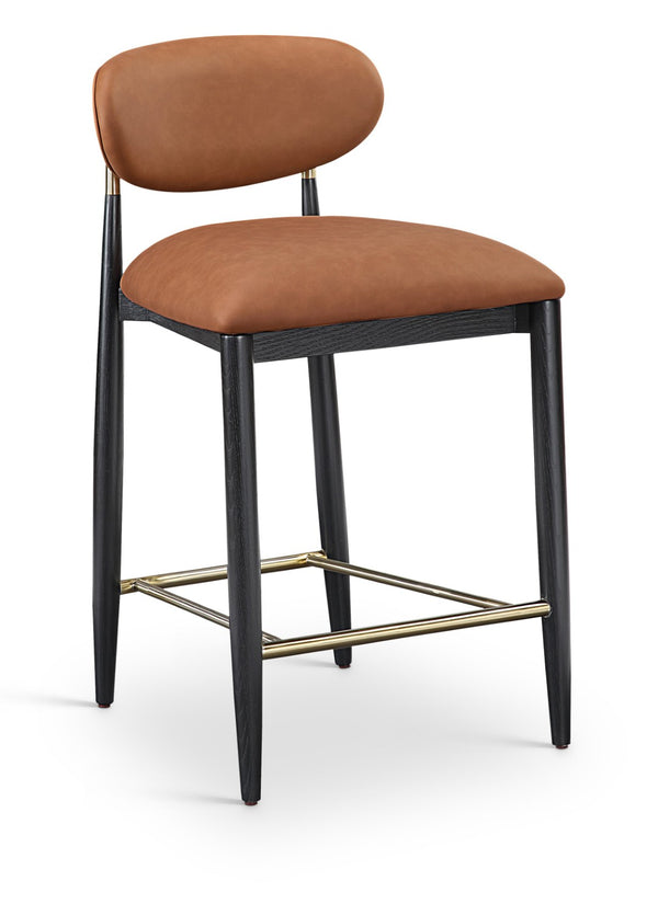 Meridian Furniture Riccio Cognac Vegan Leather Counter Stool with Brass Hardware and Ash Wood Frame 11037Cognac-C