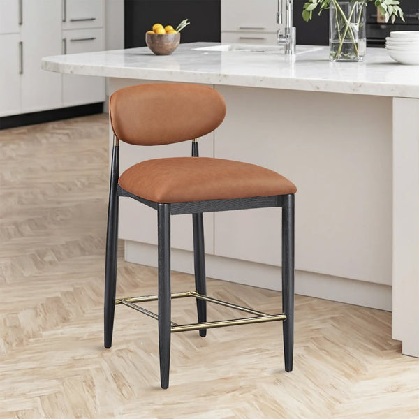 Meridian Furniture Riccio Cognac Vegan Leather Counter Stool with Brass Hardware and Ash Wood Frame 11037Cognac-C