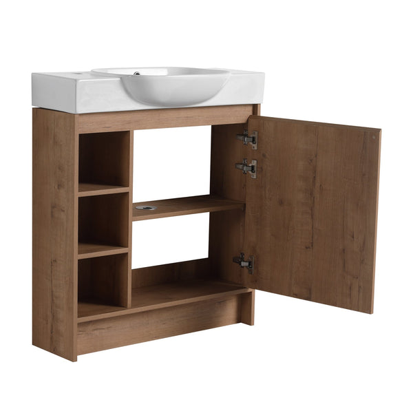 English Elm 30'' Freestanding vanity with white ceramic sink, soft-close doors, water-resistant melamine finish, modern handle design Imitative Oak W999P310754