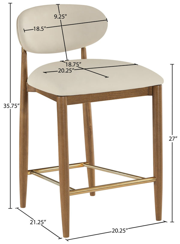 Meridian Furniture Riccio Vegan Leather Counter Stool with Walnut Frame and Brushed Brass Accents 11038Beige-C