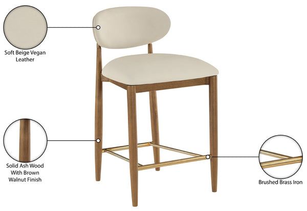Meridian Furniture Riccio Vegan Leather Counter Stool with Walnut Frame and Brushed Brass Accents 11038Beige-C