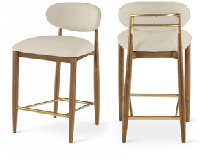 Meridian Furniture Riccio Vegan Leather Counter Stool with Walnut Frame and Brushed Brass Accents 11038Beige-C