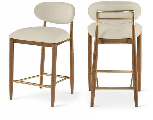 Meridian Furniture Riccio Vegan Leather Counter Stool with Walnut Frame and Brushed Brass Accents 11038Beige-C