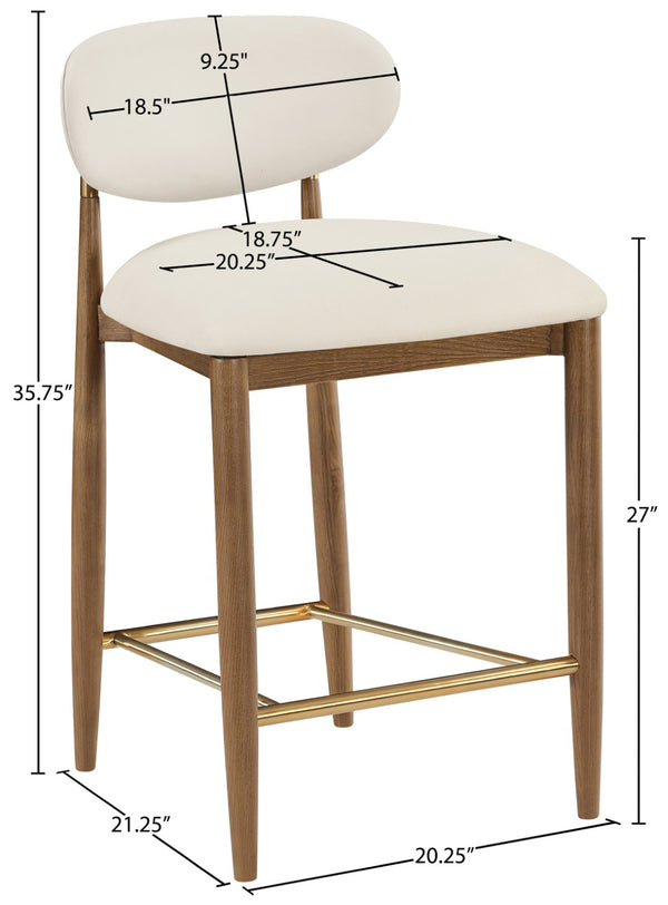 Meridian Furniture Riccio Vegan Leather Counter Stool with Walnut Ash Frame and Brass Accents 11038Cream-C