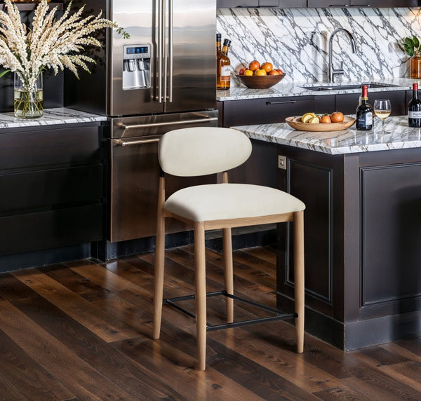 Meridian Furniture Riccio Cream Vegan Leather Counter Stool with Ash Wood Frame and Matte Iron Accents 11039Cream-C