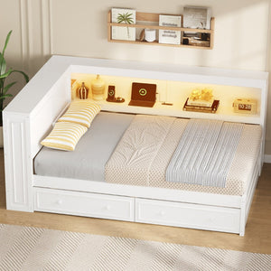 English Elm Full Pine Platform Daybed with Led Lighting Usb Charging Headboard Shelf and Drawers White N7090004032K