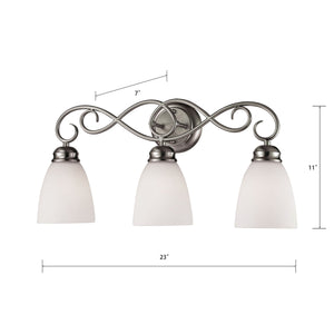 Thomas Lighting Chatham 3 Light Vanity Fixture Brushed Nickel Curved Arms Opaque Glass Bath 1103BB/20