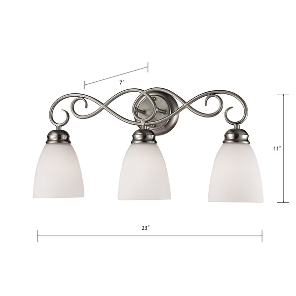 Thomas Lighting Chatham 3 Light Vanity Fixture Brushed Nickel Curved Arms Opaque Glass Bath 1103BB/20