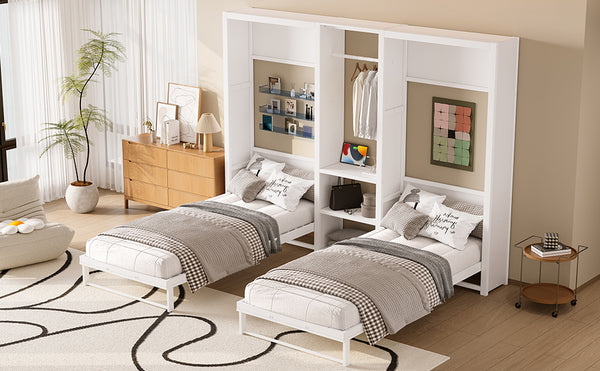 English Elm Twin Twin Murphy Bed with Metal Frame, Foldable 2-in-1 Space-Saving Design, Built-In Wardrobe, Shelves, Power Outlets and Durable Storage Solution White W1580S00287