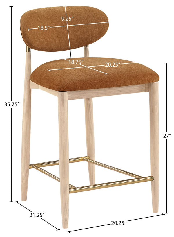 Meridian Furniture Riccio Counter Stool Cognac Performance Fabric Ash Wood Frame Brushed Brass Accents 11041Cognac-C