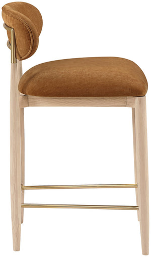 Meridian Furniture Riccio Counter Stool Cognac Performance Fabric Ash Wood Frame Brushed Brass Accents 11041Cognac-C