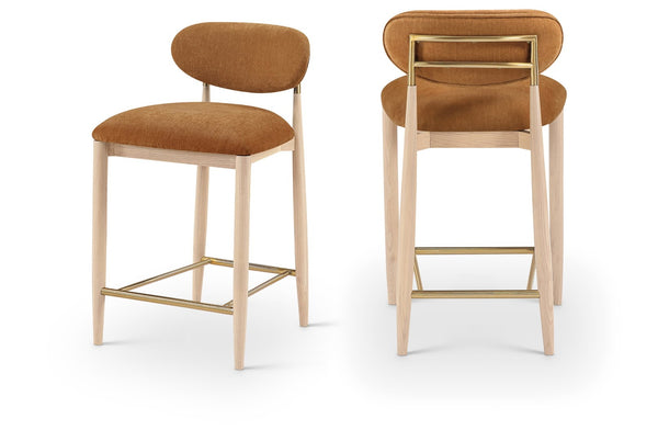 Meridian Furniture Riccio Counter Stool Cognac Performance Fabric Ash Wood Frame Brushed Brass Accents 11041Cognac-C