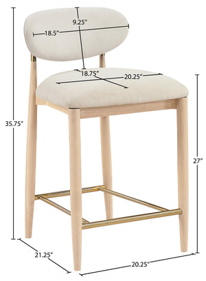 Meridian Furniture Riccio Counter Stool with Ash Wood Frame Brass Accents and Cream Performance Upholstery 11041Cream-C