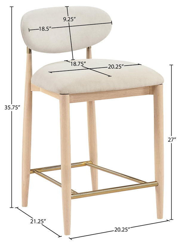 Meridian Furniture Riccio Counter Stool with Ash Wood Frame Brass Accents and Cream Performance Upholstery 11041Cream-C