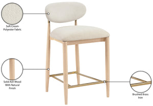 Meridian Furniture Riccio Counter Stool with Ash Wood Frame Brass Accents and Cream Performance Upholstery 11041Cream-C
