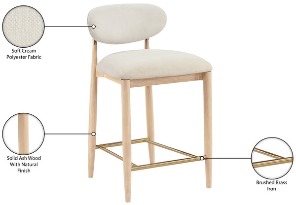 Meridian Furniture Riccio Counter Stool with Ash Wood Frame Brass Accents and Cream Performance Upholstery 11041Cream-C