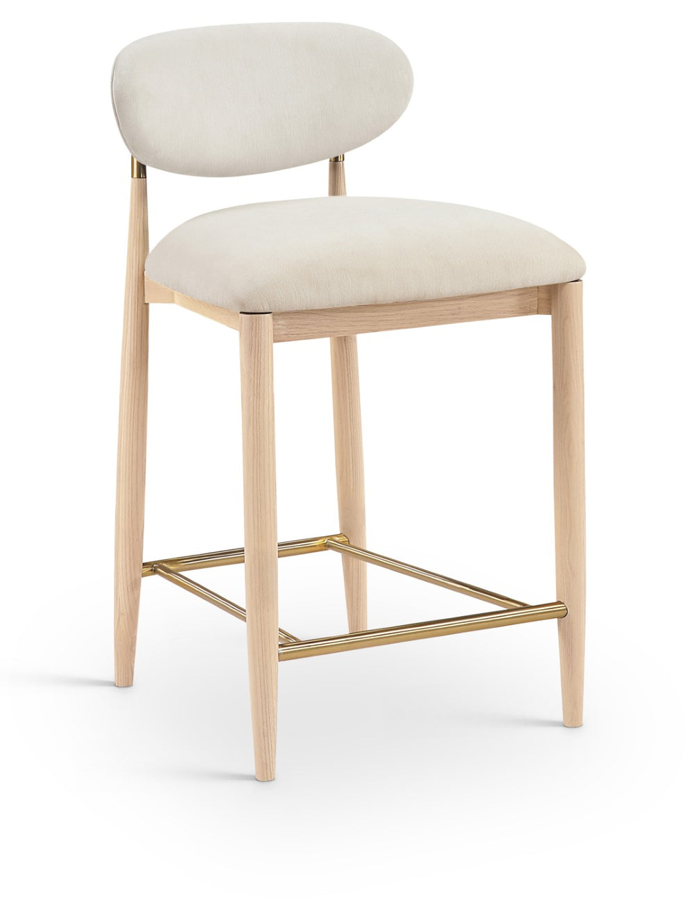 Meridian Furniture Riccio Counter Stool with Ash Wood Frame Brass Accents and Cream Performance Upholstery 11041Cream-C