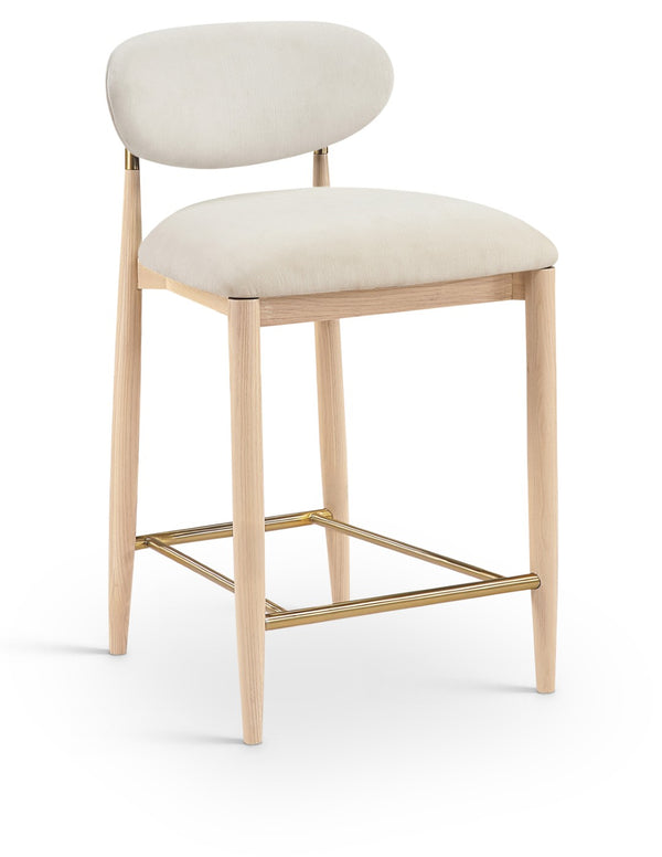 Meridian Furniture Riccio Counter Stool with Ash Wood Frame Brass Accents and Cream Performance Upholstery 11041Cream-C