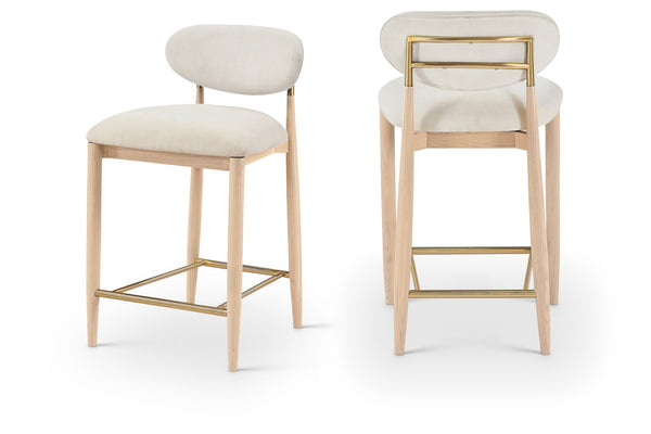 Meridian Furniture Riccio Counter Stool with Ash Wood Frame Brass Accents and Cream Performance Upholstery 11041Cream-C