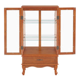 English Elm Lighted Glass Cabinet Glass Wine Cabinet Curio Display Cabinet With Adjustable Glass Shelves 2 Doors and 1 Drawer Cabinet Bulb Included Oak