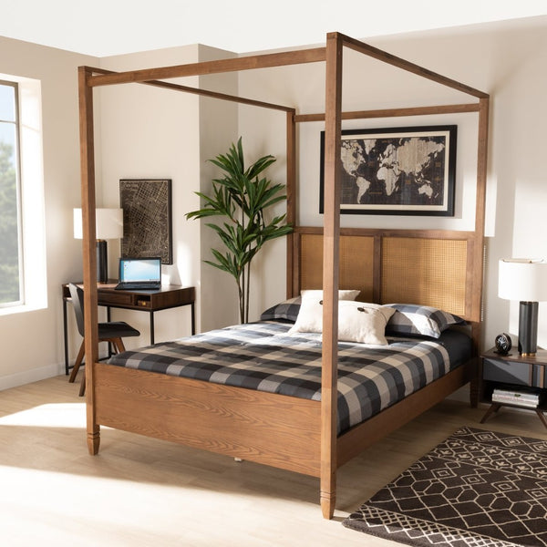 Baxton Studio Baxton Studio Malia Modern Canopy Bed in Walnut Brown with Woven Rattan Headboard for Chic Bedrooms Queen MG-0021-3-Walnut-Queen