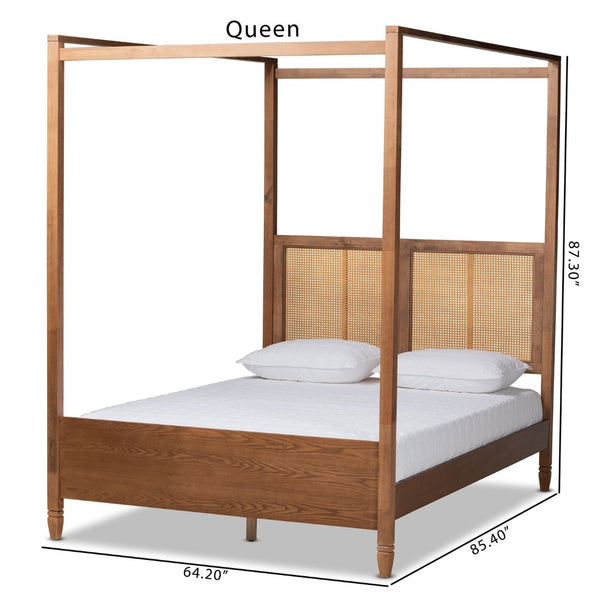 Baxton Studio Baxton Studio Malia Modern Canopy Bed in Walnut Brown with Woven Rattan Headboard for Chic Bedrooms Queen MG-0021-3-Walnut-Queen