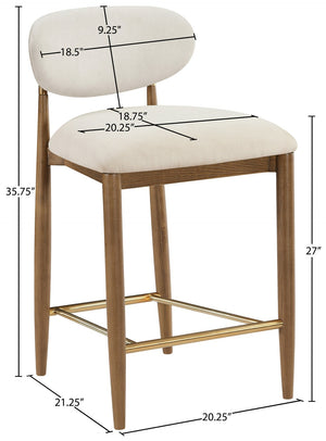 Meridian Furniture Riccio Counter Stool with Walnut Ash Frame Brass Accents and Cream Performance Seat 11043Cream-C